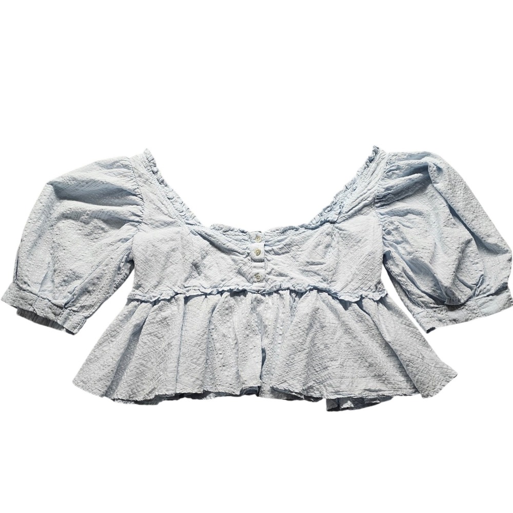 Free People Light Blue Textured Peplum Puff Sleeve Blouse Women Large L Boho